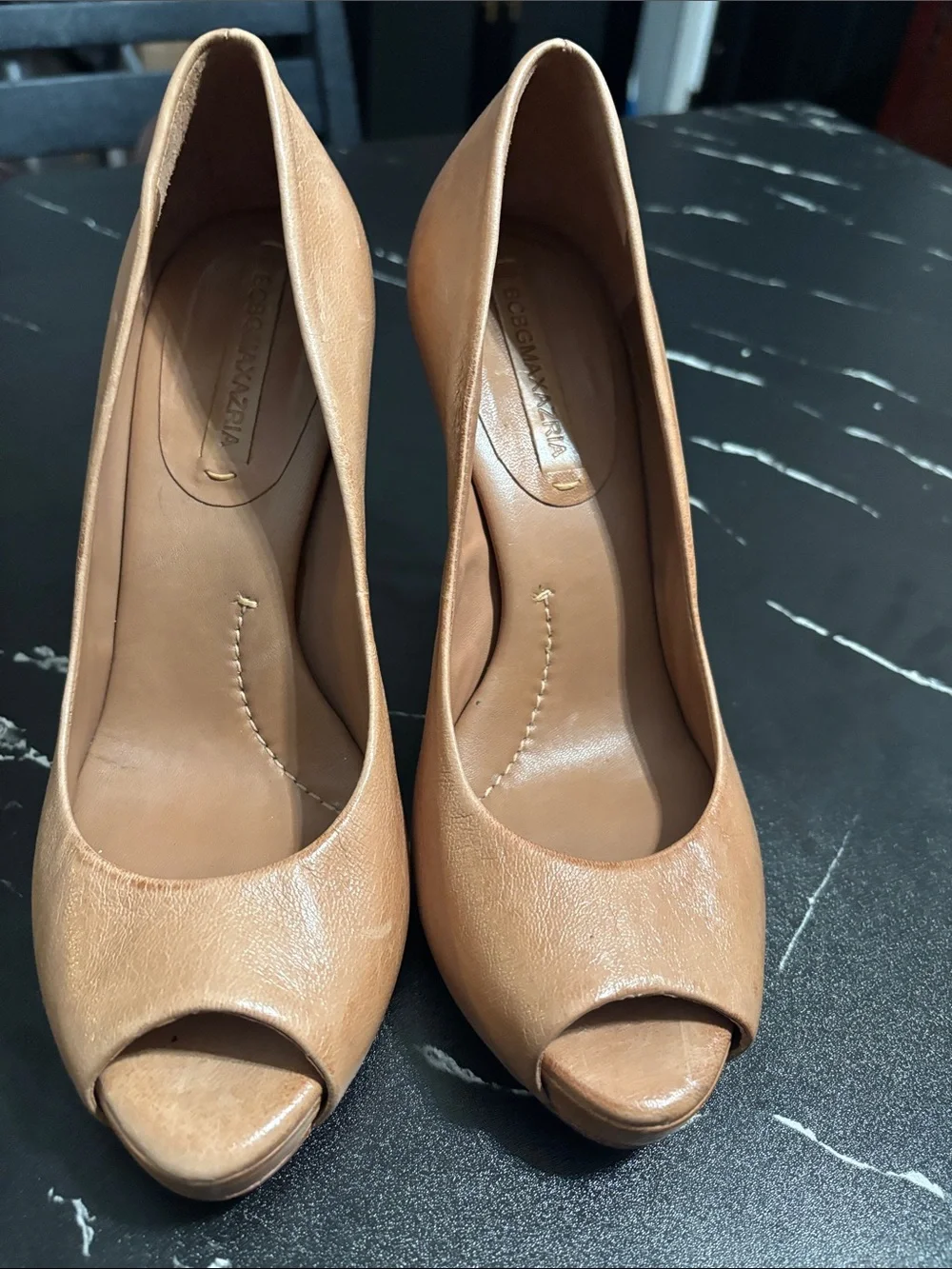 BCBGMaxAzria All leather made in Brazil Tan Peep-Toe Leather Pumps